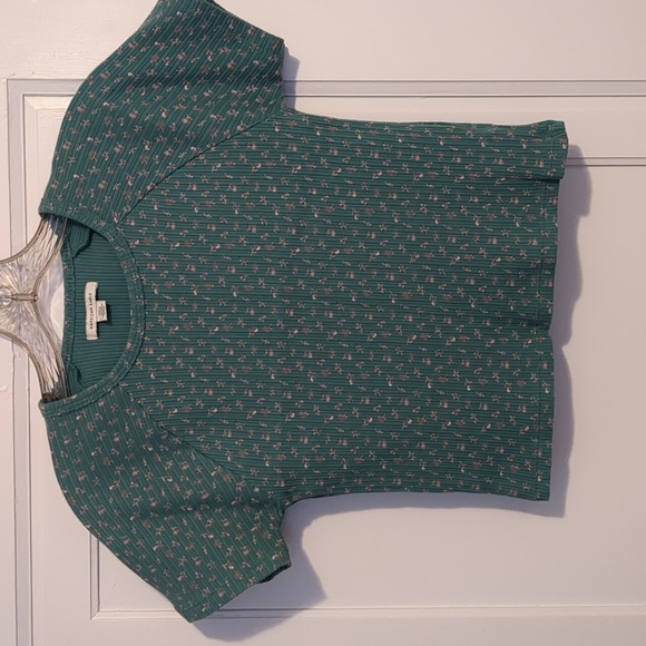 American Eagle Green Teal Ribbed Ditsy Floral Crop Top Stretchy Small - Picture 2 of 4